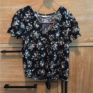 Front tie black floral button shirt